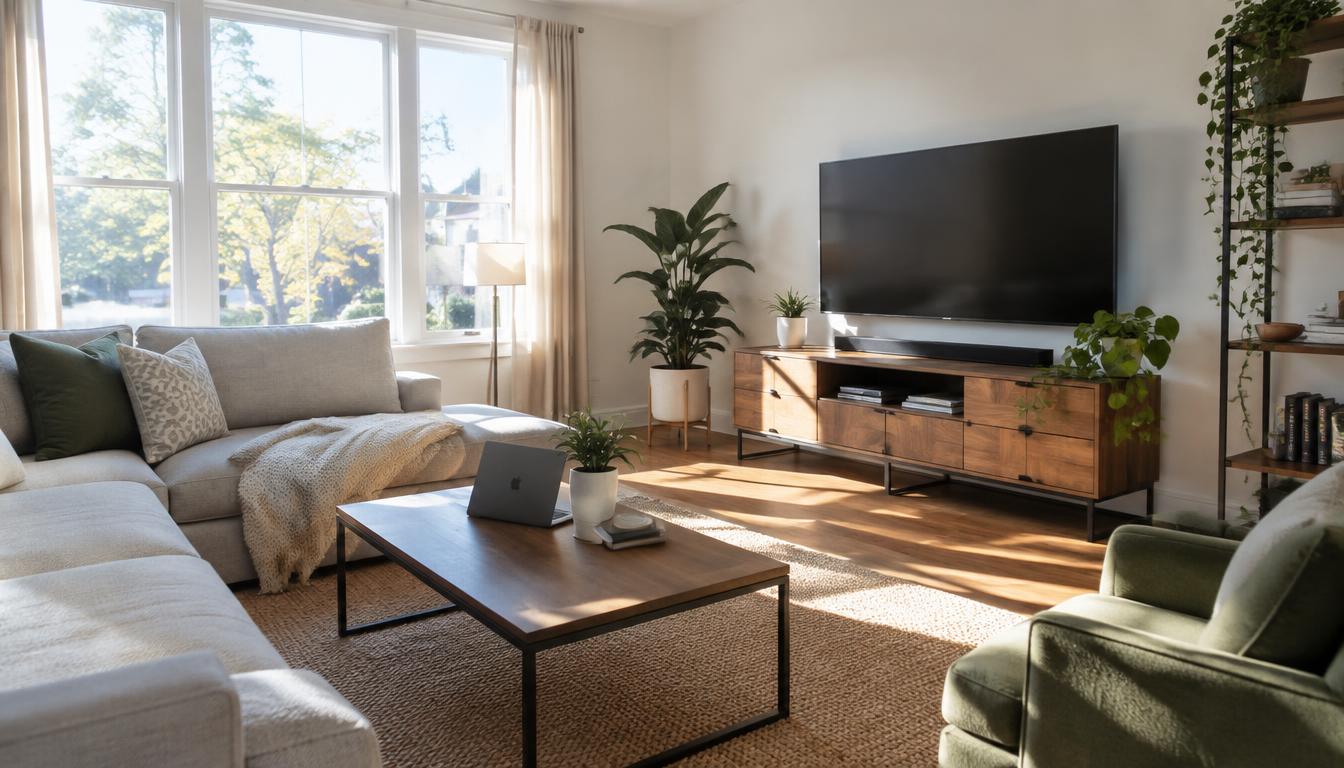 A bright, cozy living room with plants and sunlight