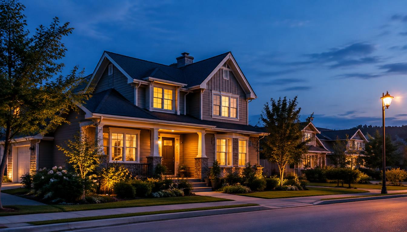 A suburban home with warm lights glowing at dusk